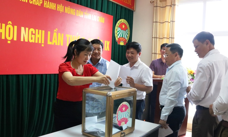 Các đại biểu bỏ phiếu giới thiệu quy hoạch Ban Chấp hành và Ban Thường vụ Hội Nông dân tỉnh nhiệm kỳ 2023 - 2028.  