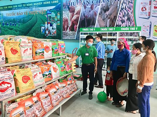 Khách hàng lựa chọn sản phẩm Việt tại Trung tâm mua bán Vật tư nông nghiệp Dũng Long cơ sở 3 tại bản Chom Chăng, xã Thân Thuộc, huyện Tân Uyên.