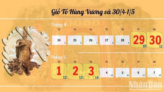 Lịch nghỉ Lễ Giỗ tổ Hùng Vương, nghỉ lễ 30/4 và 1/5.