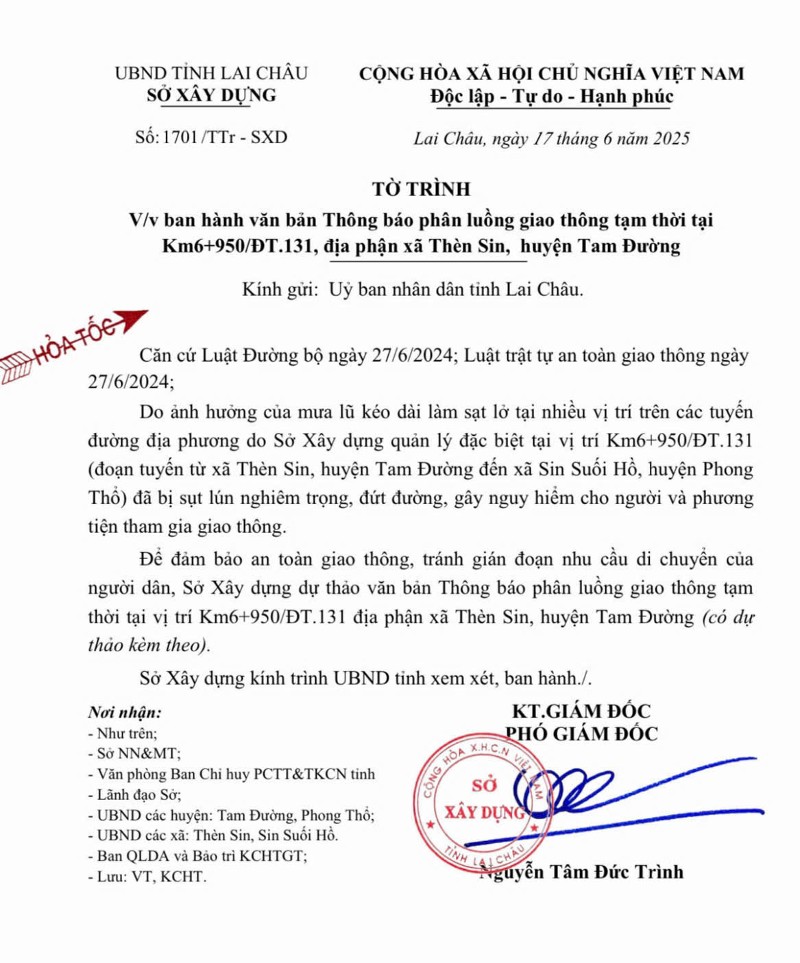 Thông báo phân luồng giao thông tạm thời tại Km6+950/ĐT.131, địa phận xã Thèn Sin, huyện Tam Đường
