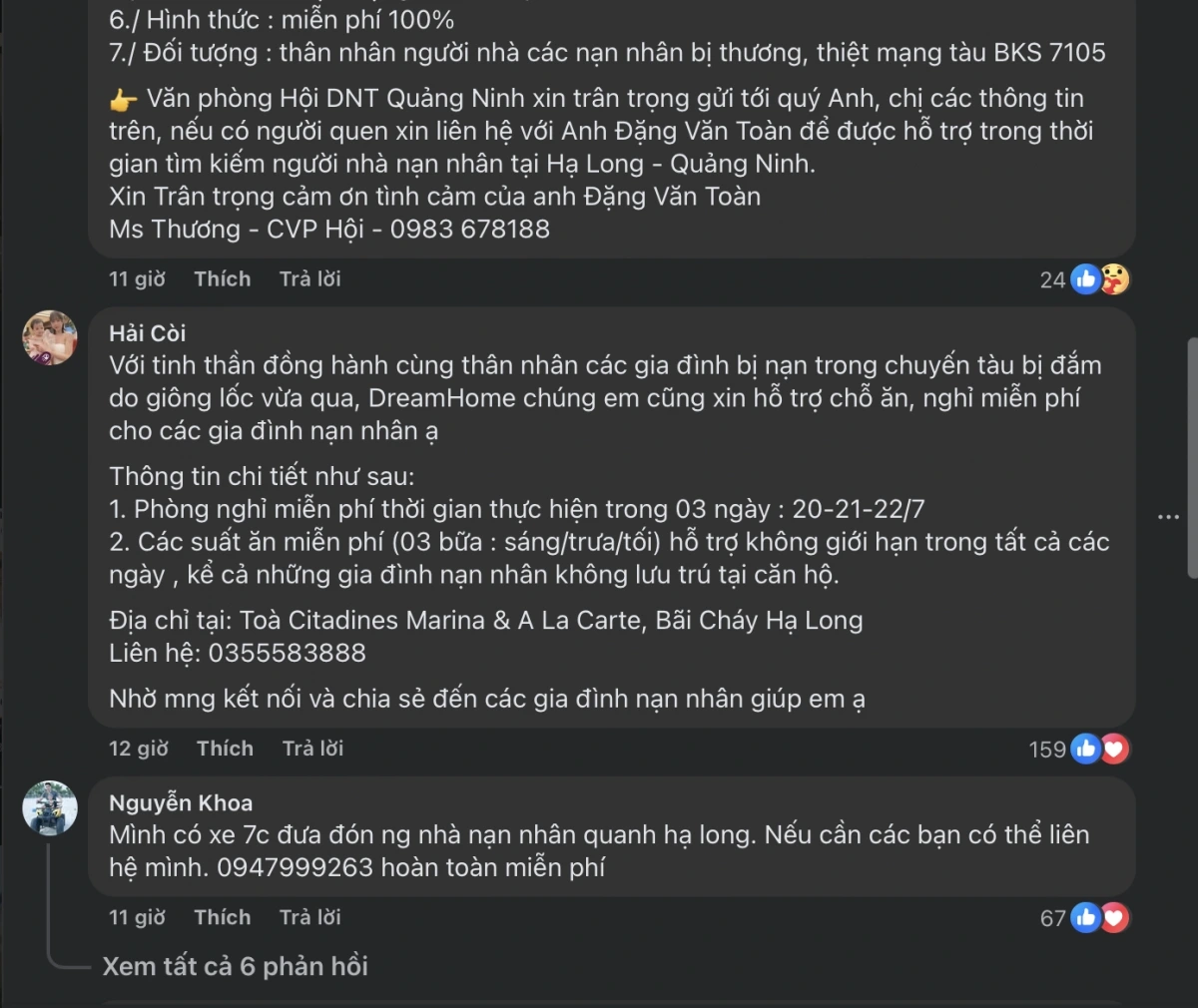 Khách sạn, người dân Quảng Ninh hỗ trợ miễn phí gia đình các nạn nhân vụ lật tàu