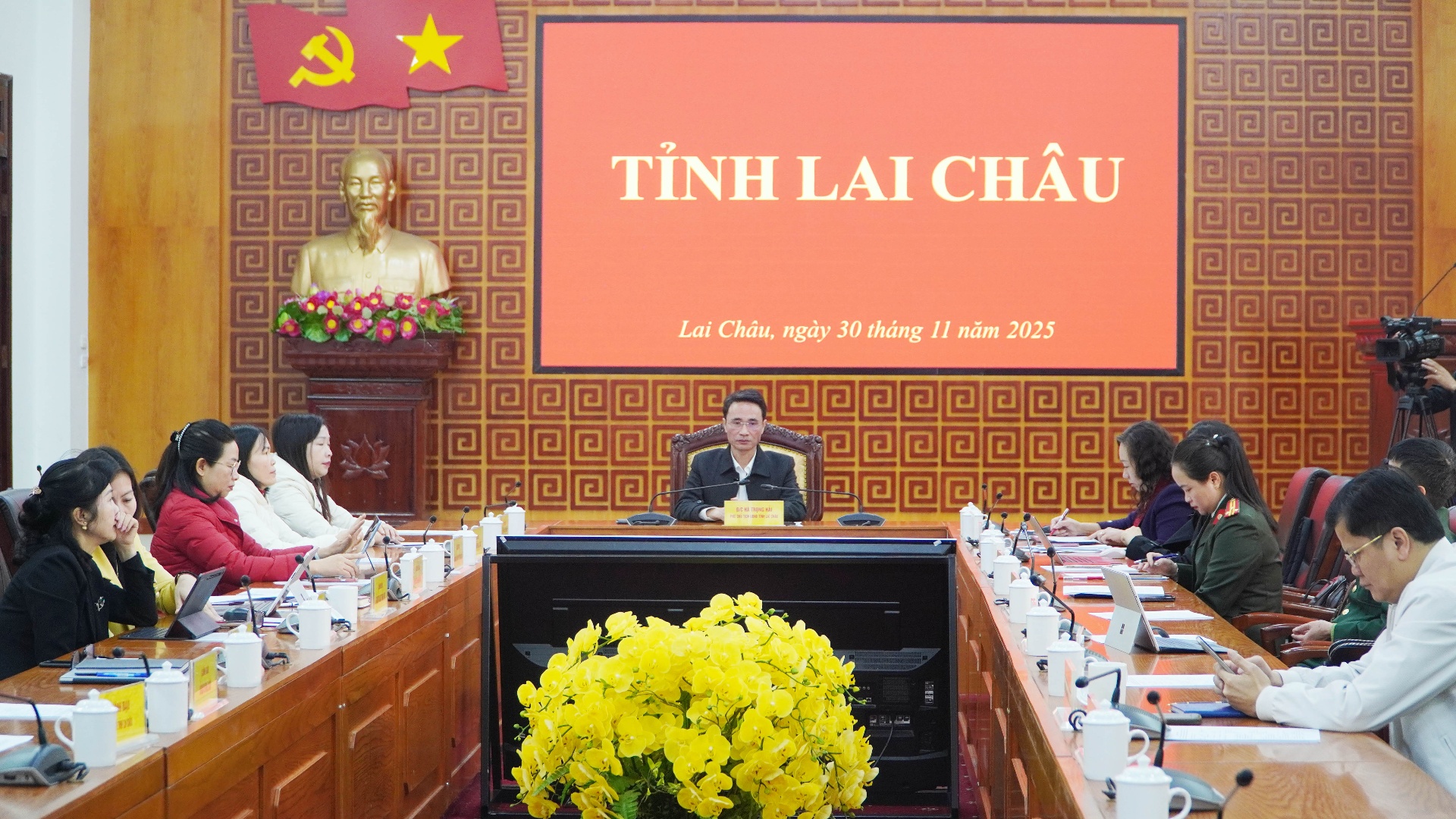 Quang cảnh hội nghị tại điểm cầu tỉnh Lai Châu.