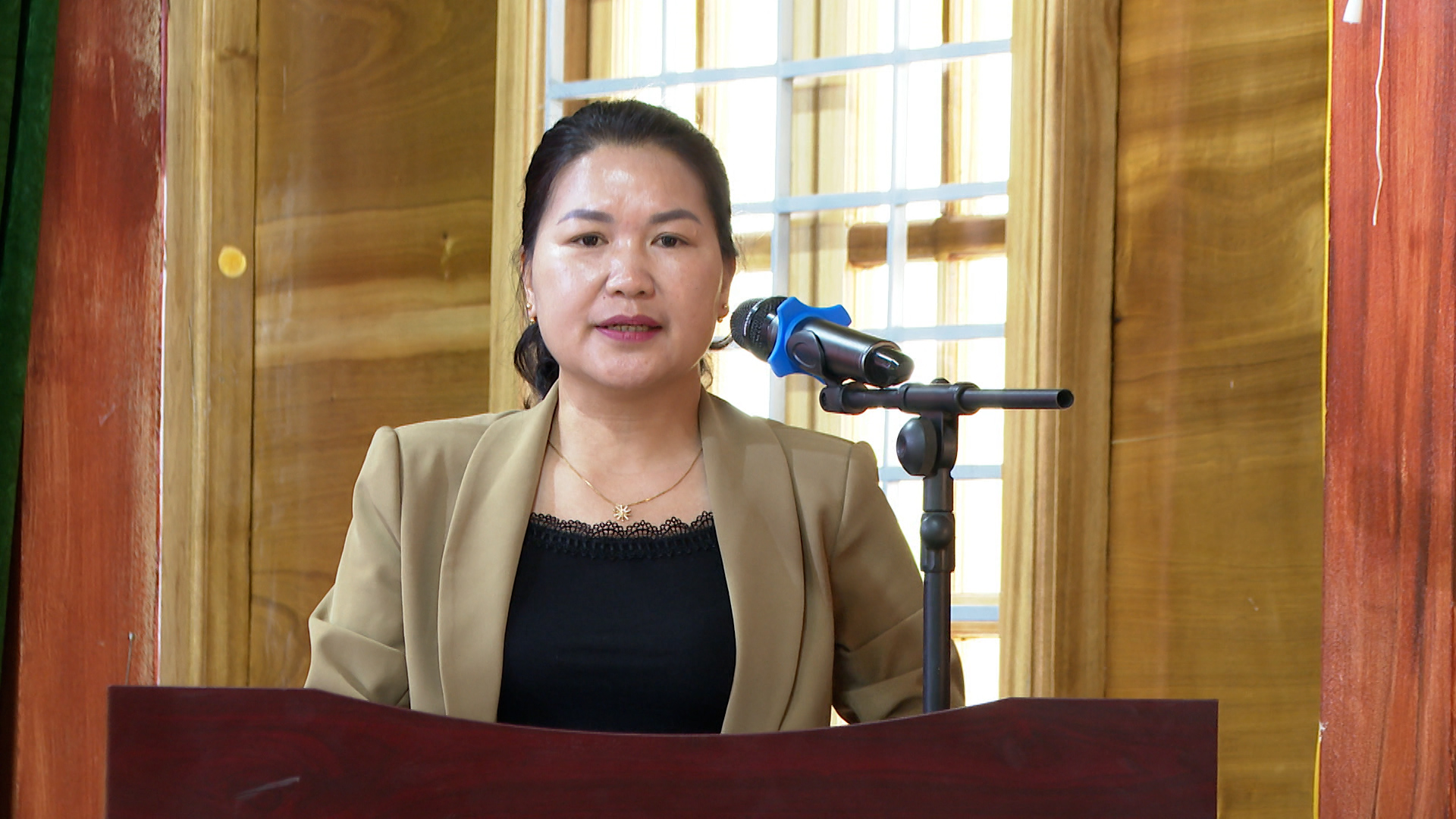 Bà Đồng Thị Nghĩa, Phó Trưởng ban, Ban Văn hóa - Xã hội, Hội đồng nhân dân tỉnh báo cáo với cử tri về chương trình hành động tại hội nghị 