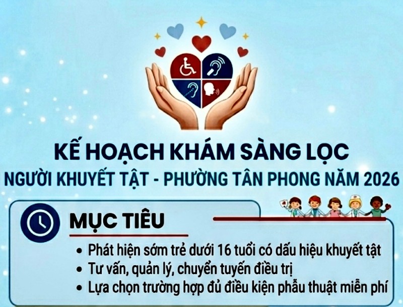 Kế hoạch khám sàng lọc người khuyết tật phường Tân Phong năm 2026