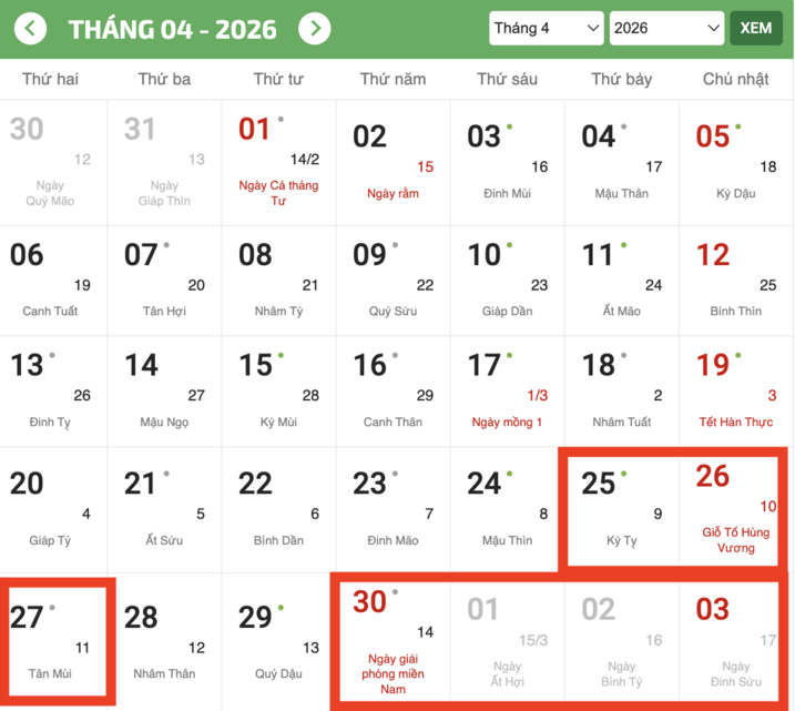 Thông tin về lịch nghỉ dịp lễ Giỗ Tổ Hùng Vương và 30/4-1/5