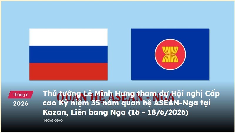 Thủ tướng Lê Minh Hưng tham dự Hội nghị Cấp cao Kỷ niệm 35 năm quan hệ ASEAN-Nga tại Kazan, Liên bang Nga (16 - 18/6/2026)