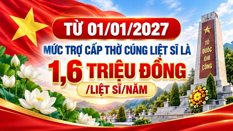 Từ 01/01/2027, mức trợ cấp thờ cúng liệt sĩ là 1,6 triệu đồng/liệt sĩ/năm